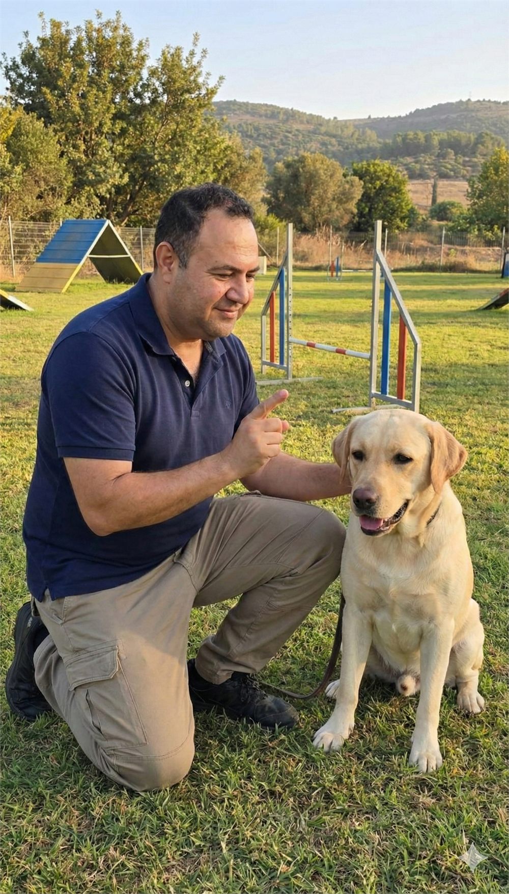 קובי חתן מאלף כלב לברדור צהוב במגרש אילוף